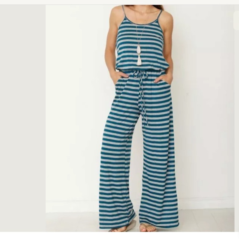Teal&Gray Stripe Tie-Waist Pocket Jumpsuit